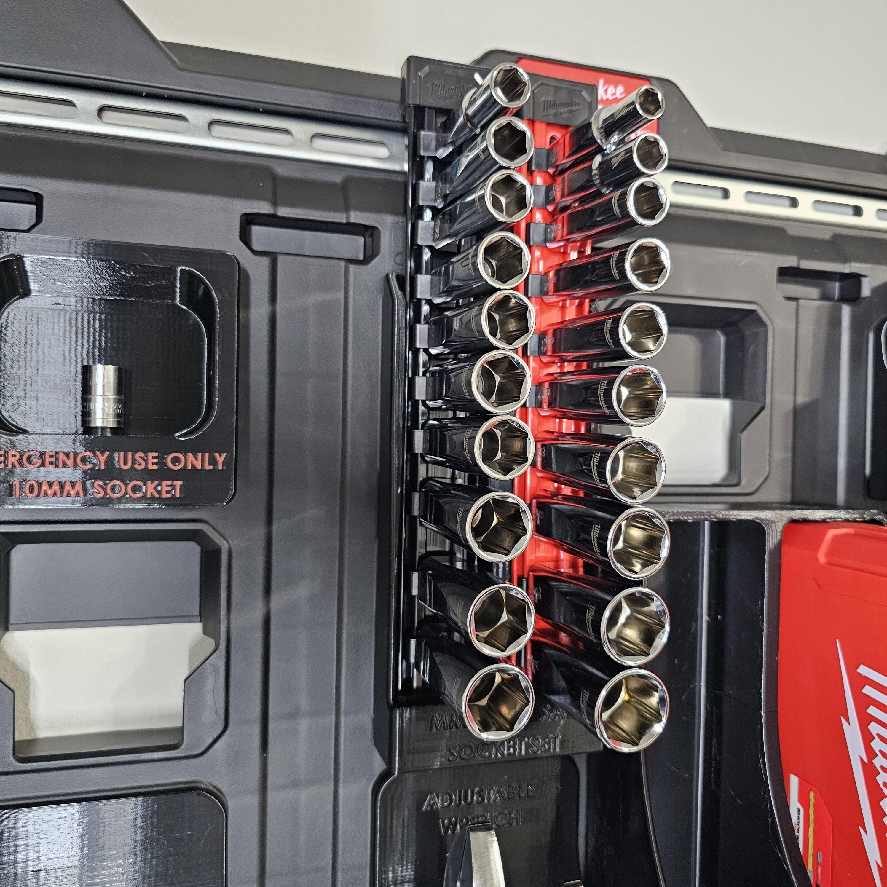 Milwaukee Packout Wall 3/8 Drive Deep Well Socket Set Holder for organized tool storage.